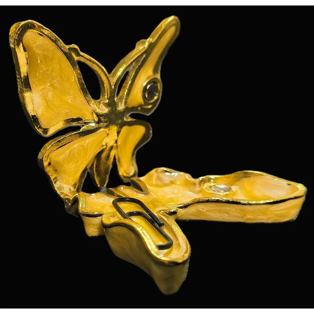 Vintage Butterfly Trinket Pill Box Gold Tone Enamel Rhinestone Hinged